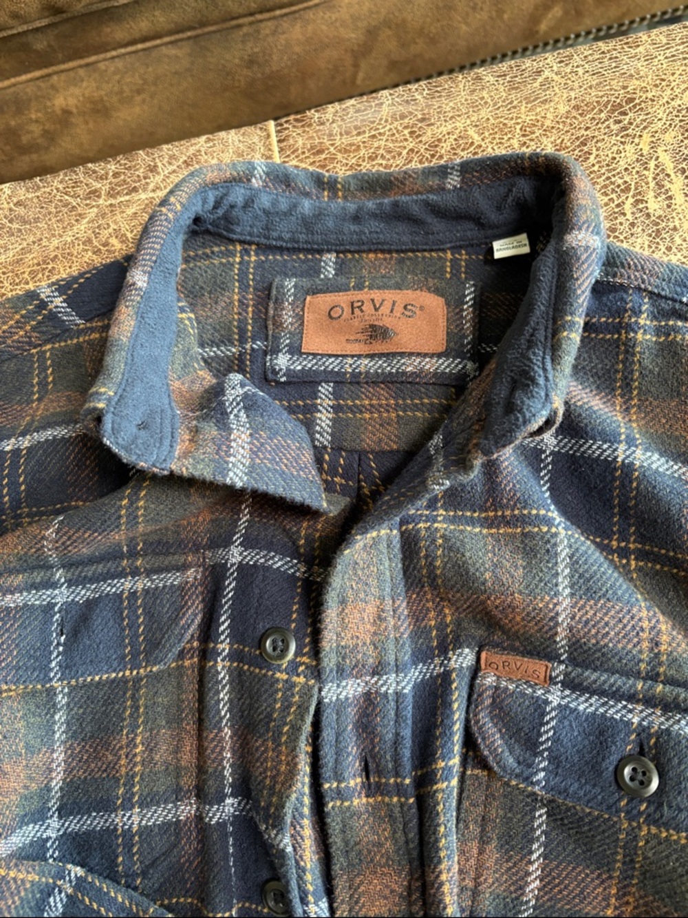 Orvis Navy, Brown & Cream Plaid Flannel Overshirt